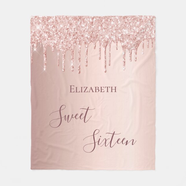 Sweet 16th sixteen teen girl 16 rose gold glitter fleece blanket (Front)