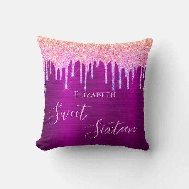 Sweet 16th sixteen teen girl purple glitter pink cushion (Front)