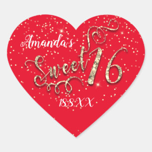 Sweet 16th Unicorn Heart Glitter  RedGold Confetti Sticker