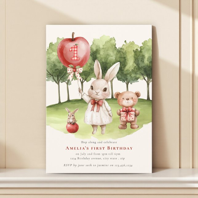 Sweet  1st Bunny Apple  Birthday Invitation (Creator Uploaded)