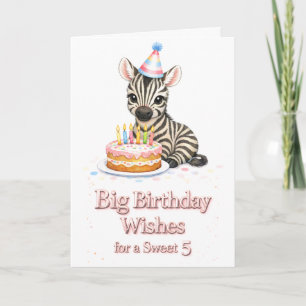 Sweet 5 Birthday Wishes Cute  Zebra Card 
