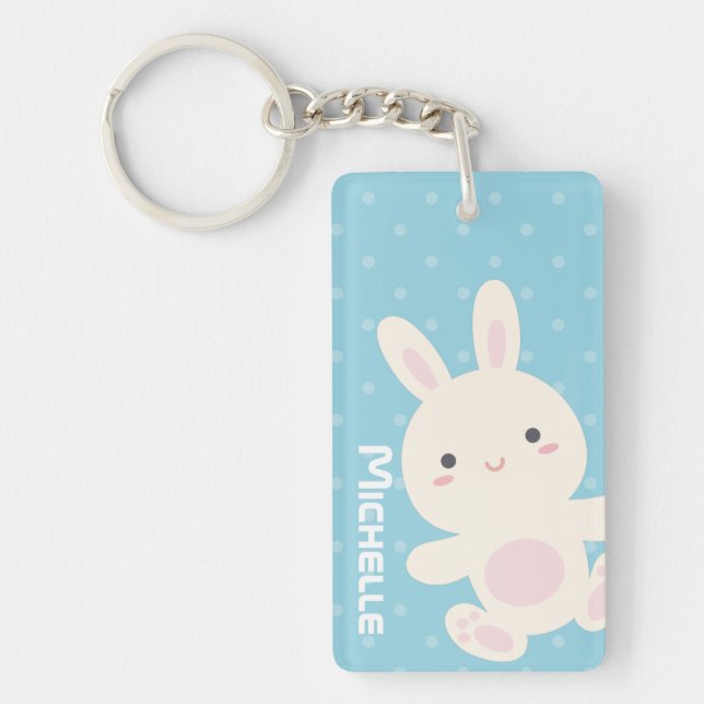 Sweet Adorable Cute Bunny Pastel Blue Polka Dots Key Ring (Front)