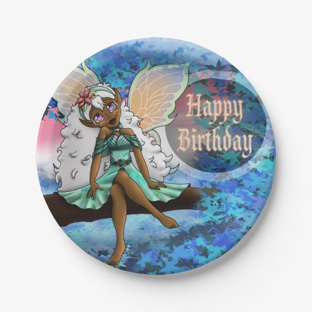 Sweet African American Fairy Birthday Paper Plate (Front)