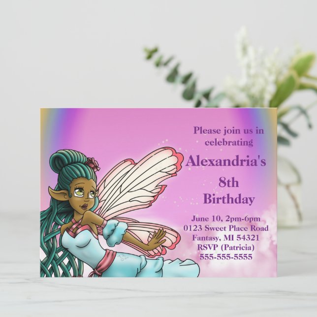 Sweet African American Fairy Birthday Party Invitation (Standing Front)