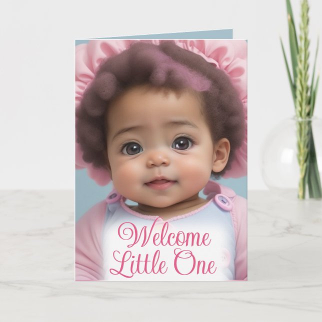 Sweet African American Infant Girl Welcome Baby Card (Front)