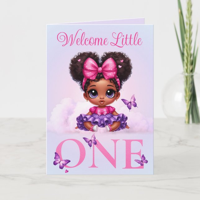 Sweet Afro Baby Girl Pastel Butterfly Welcome Card (Front)