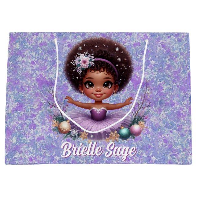 Sweet Afro Puff Purple Ballerina Girl Holiday Large Gift Bag (Front)