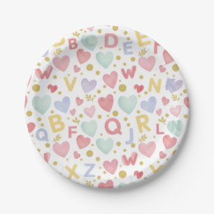 Sweet Alphabet & Hearts Watercolor Paper Plate