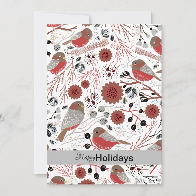 Sweet And Cute Chickadees Red and Grey Holiday Card (Front)