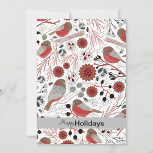 Sweet And Cute Chickadees Red and Grey Holiday Card