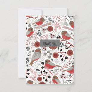 Sweet And Cute Chickadees Red and Grey Thank You Card