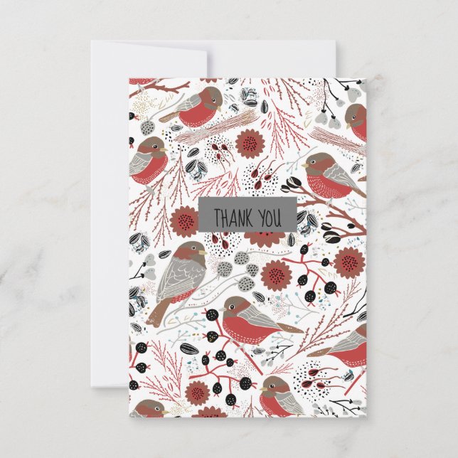 Sweet And Cute Chickadees Red and Grey Thank You Card (Front)