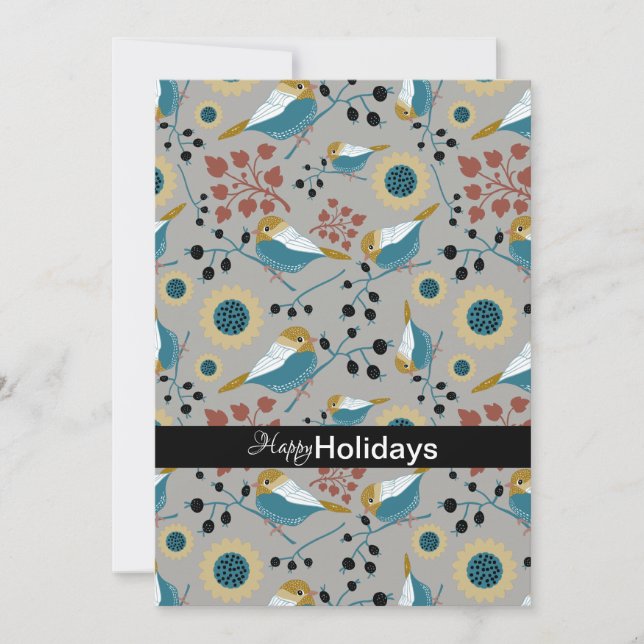 Sweet And Cute Chickadees With Berries Holiday Card (Front)