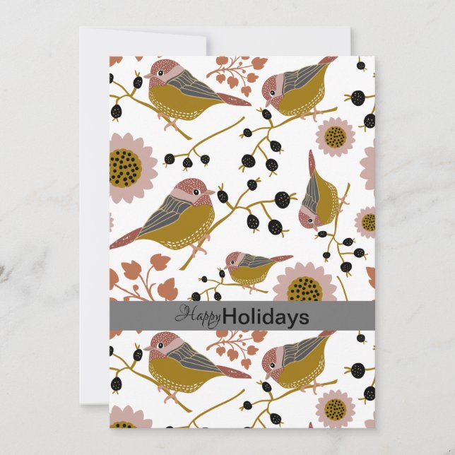 Sweet And Cute Chickadees With Flowers and Berries Holiday Card (Front)