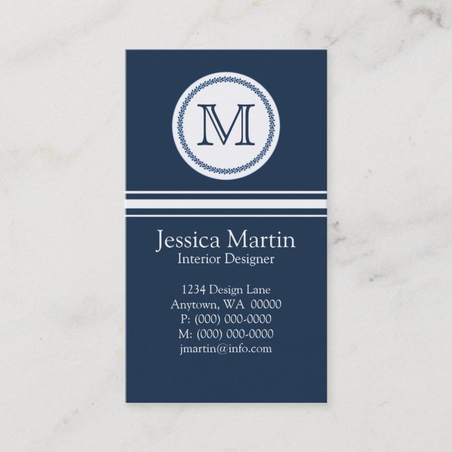 Sweet and Delicate Monogram Business Card, Blue Business Card (Front)