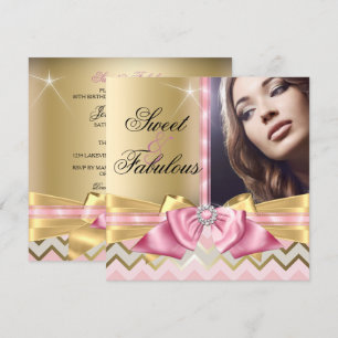 Sweet and Fabulous Pink Gold Chevron Birthday Invitation