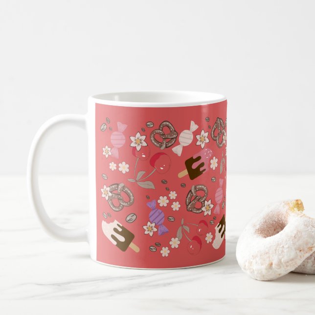 Sweet and Salty Treats Red Pattern Coffee Mug (With Donut)