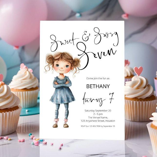 Sweet and Sassy Seven Girl Age 7 Birthday Invitation (Creator Uploaded)