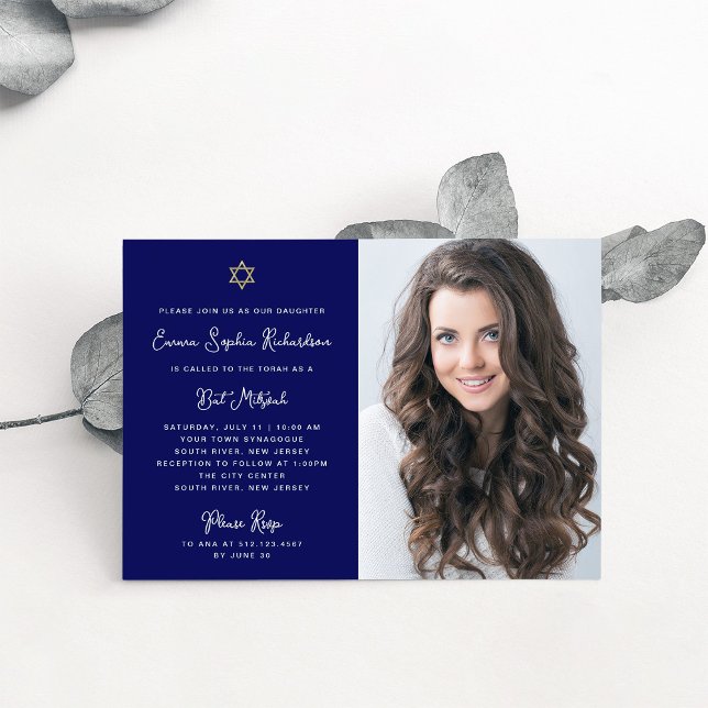 Sweet and Simple Blue White Gold Photo Bat Mitzvah Invitation (Creator Uploaded)