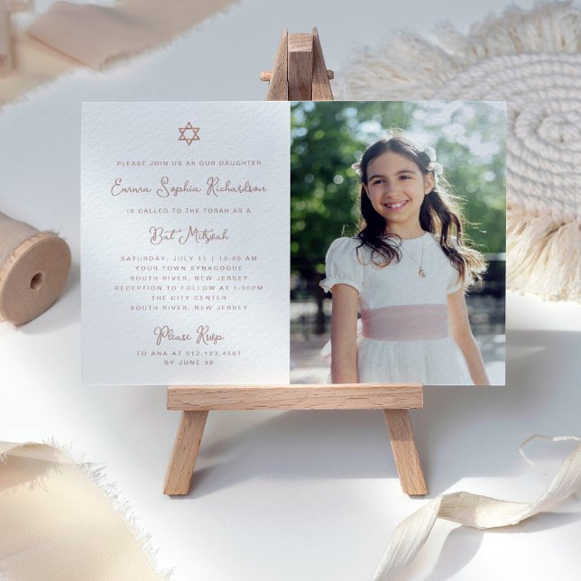 Sweet and Simple Faux Rose Gold Photo Bat Mitzvah Invitation (Creator Uploaded)