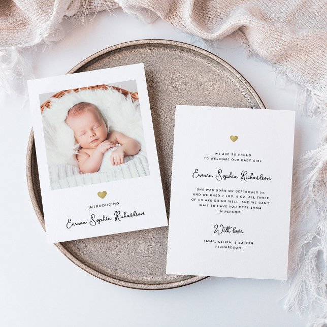 Sweet and Simple Photo and Gold Heart | Birth Announcement (Creator Uploaded)