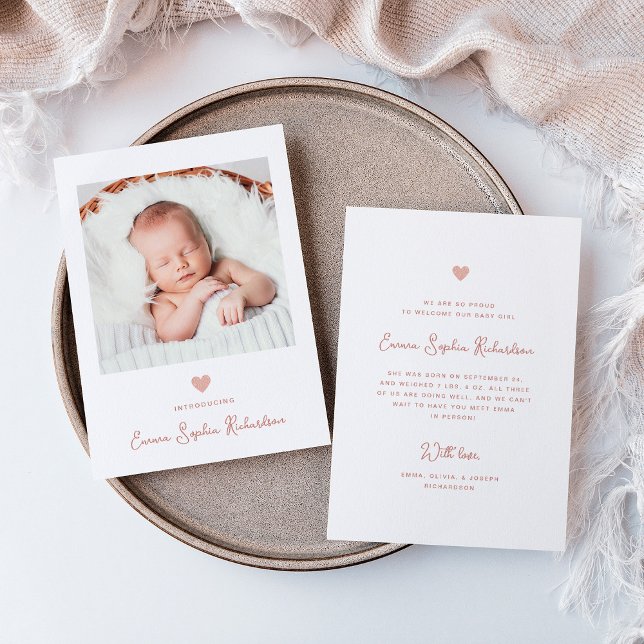 Sweet and Simple Photo Faux Rose Pink Heart Birth Announcement (Creator Uploaded)