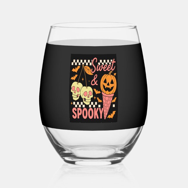 Sweet and Spooky Cute Halloween Stemless Wine Glass (Front)