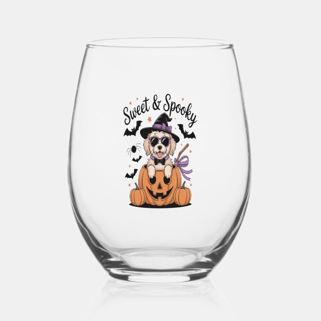 Sweet and Spooky Dog Halloween Stemless Wine Glass (Front)
