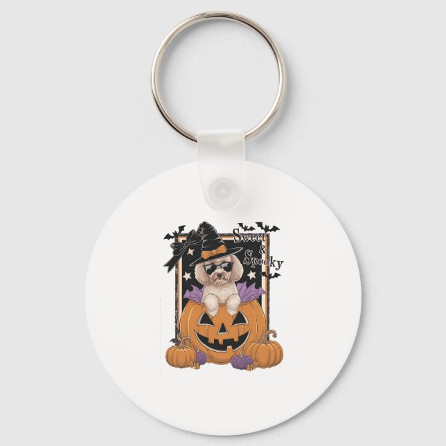 Sweet and Spooky Poodle and Pumpkin Key Ring (Front)