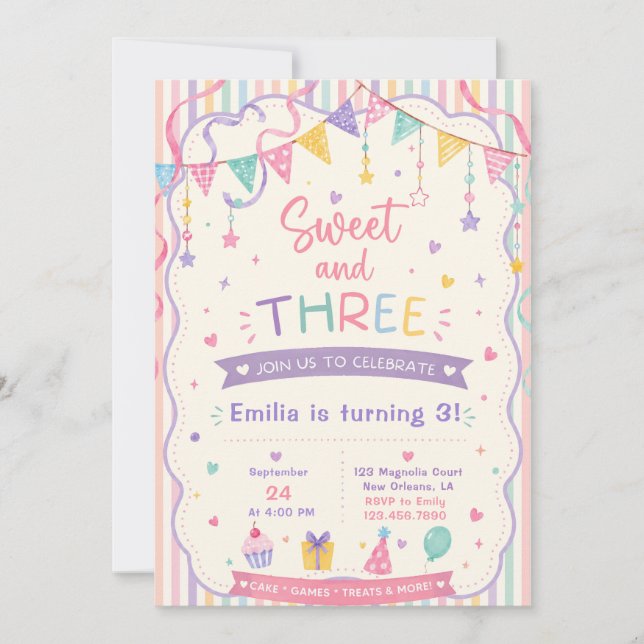 Sweet and Three candy sweets pastel 3rd birthday Invitation (Front)
