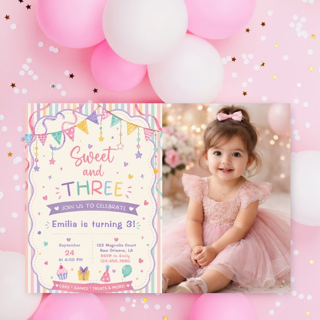 Sweet and Three candy sweets pastel 3rd birthday Invitation (Creator Uploaded)