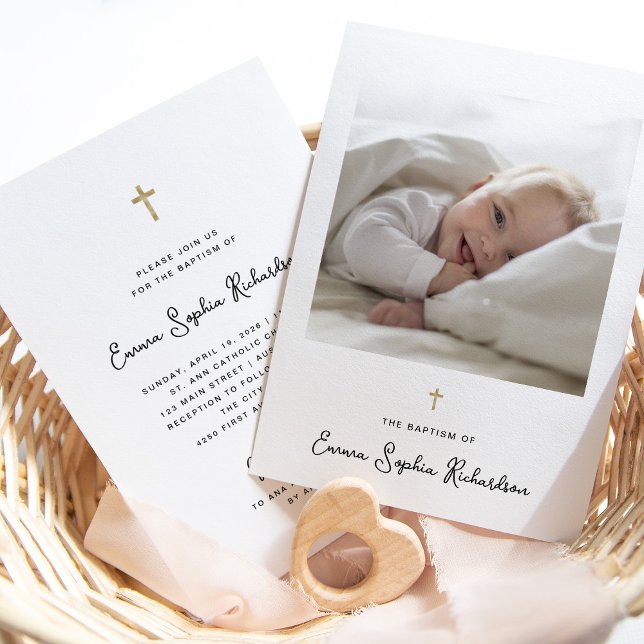 Sweet and Whimsical | Photo and Gold Cross Baptism Invitation (A sweet and whimsical Baptism invitation with a photo and a gold cross)