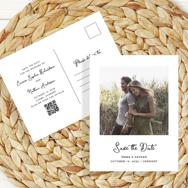 Sweet and Whimsical Photo | QR Code Save The Date Announcement Postcard (A sweet and whimsical wedding save the date postcard, with your photo and a scannable QR code)