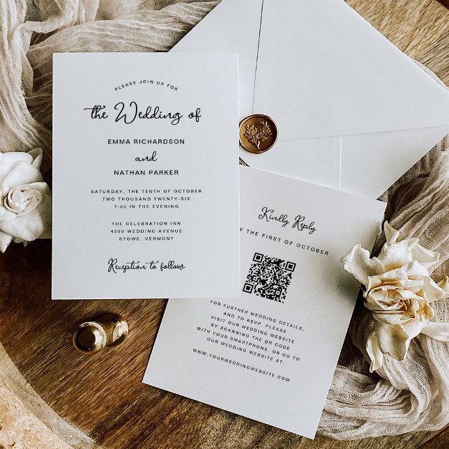 Sweet and Whimsical | QR Code and RSVP Wedding Invitation (A black in white, all in one wedding invitation with a QR code so guests can rsvp online)