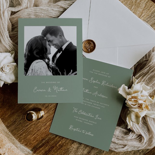 Sweet and Whimsical Sage Green | Photo Wedding Invitation (An elegant sage green wedding invitation with your photo)