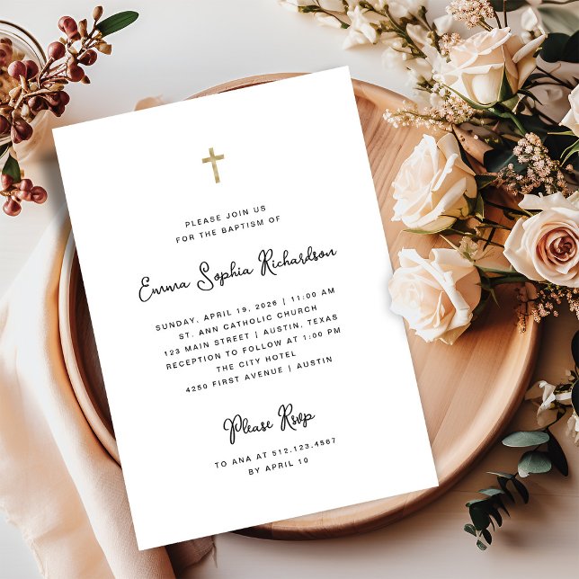Sweet and Whimsical Simple Black and White Baptism Invitation (A sweet and simple, minimalist black and white Baptism invitation with a faux gold cross)