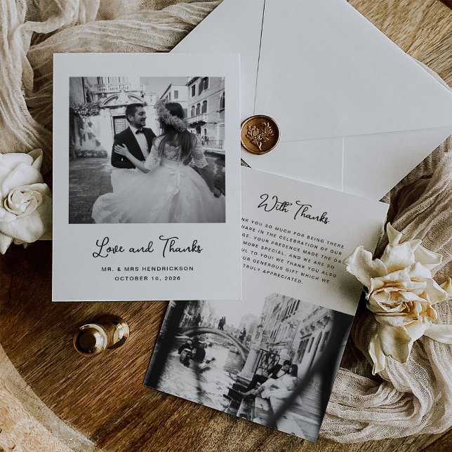 Sweet and Whimsical | Simple Two Photo Wedding Thank You Card (A simple, classic, black and white wedding thank you with two photos and whimsical script)