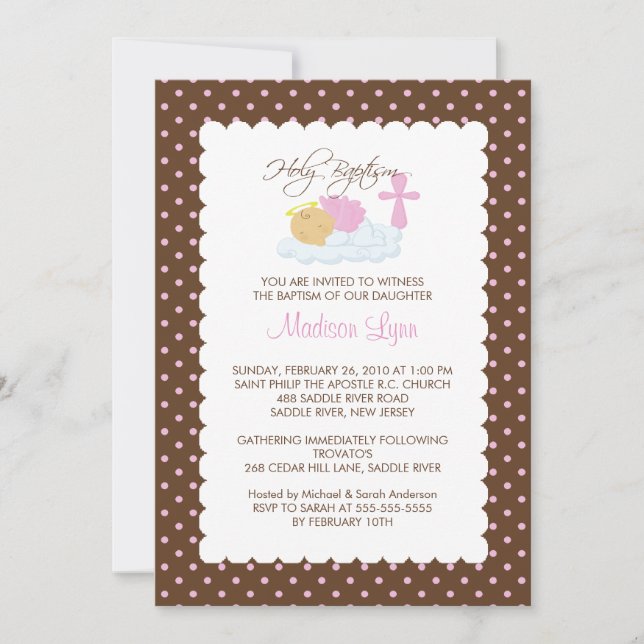 Sweet Angel Baby Girl & Cross Baptism Inviation Invitation (Front)