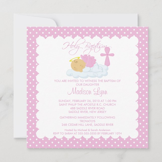 Sweet Angel Baby Girl & Cross Baptism Inviation Invitation (Front)