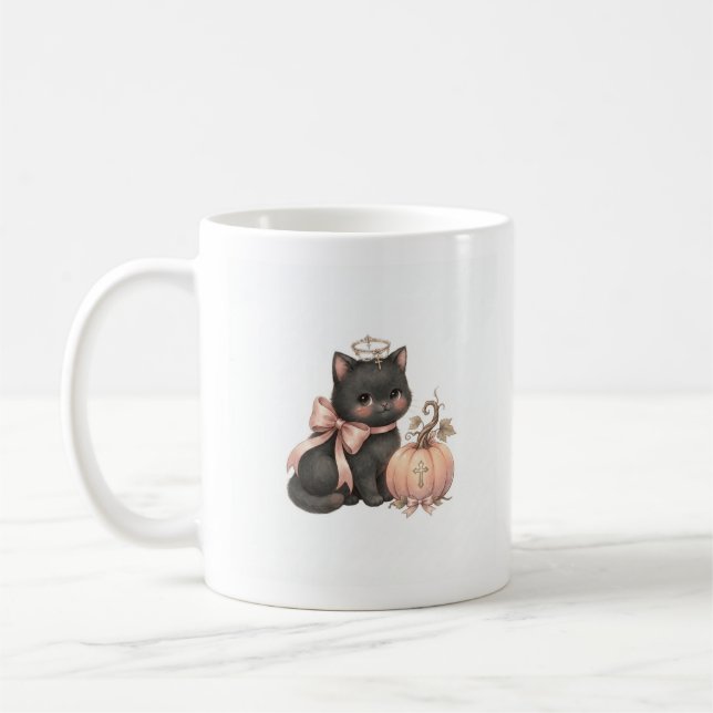 Sweet Angel Cat & Pumpkin Fall Mug (Left)