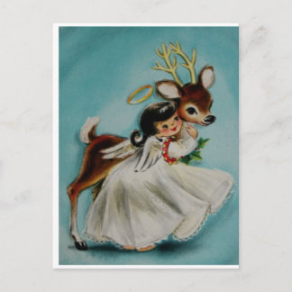 Sweet Angel Girl hugging adorable deer. Postcard