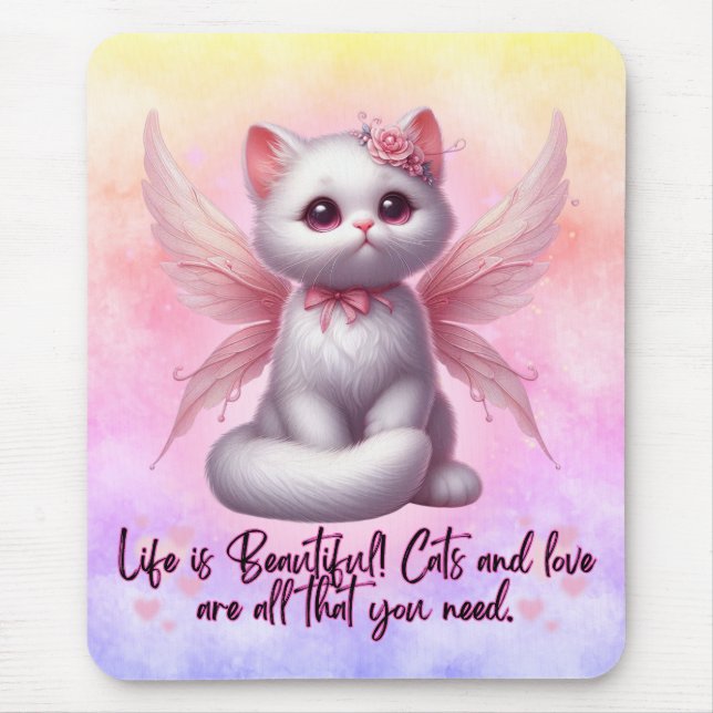 Sweet angel kitten with wings life is beautiful mouse mat (Front)