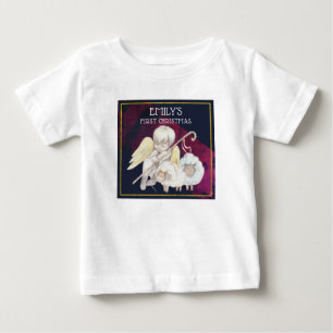 Sweet Angel Shepherd with Lambs First Christmas Baby T-Shirt