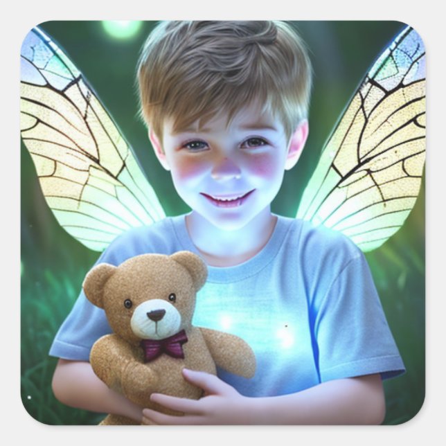 Sweet Angelic Little Boy with Fairy Wings  Square Sticker (Front)