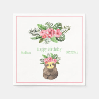 Sweet Animal Sloth Floral Pink Name Girly Birthday Napkin