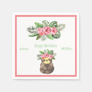 Sweet Animal Sloth Floral Pink Name Girly Birthday Napkin