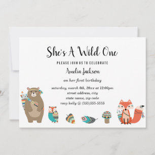 Sweet Animal Tribal She's A Wild One Birthday Invitation
