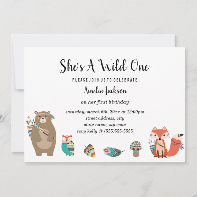 Sweet Animal Tribal She's A Wild One Birthday Invitation (Front)