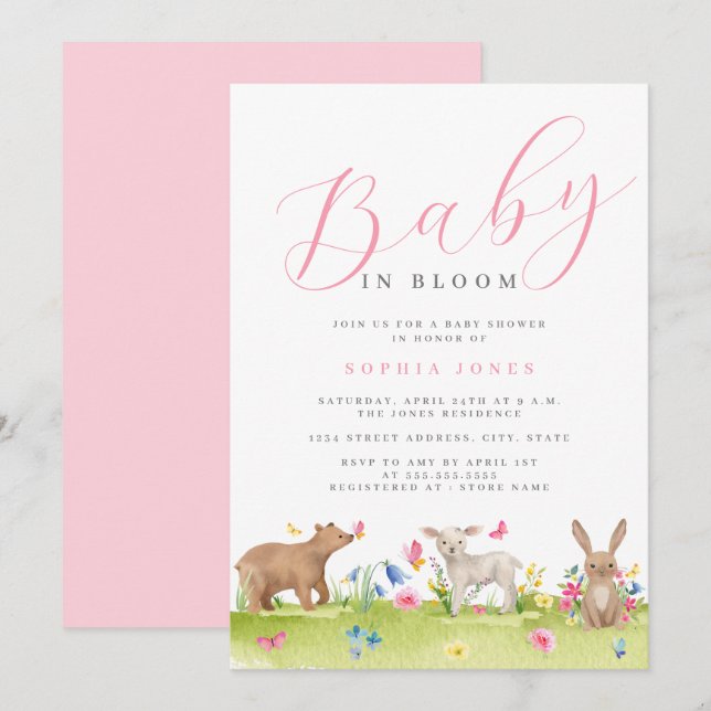 Sweet Animals Girl Baby in Bloom Baby Shower   Invitation (Front/Back)