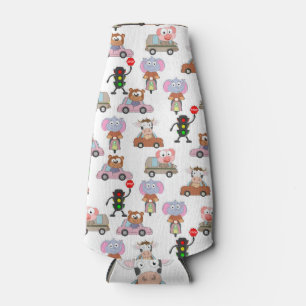 Sweet Animals In Cars With Traffic Light Pattern Bottle Cooler